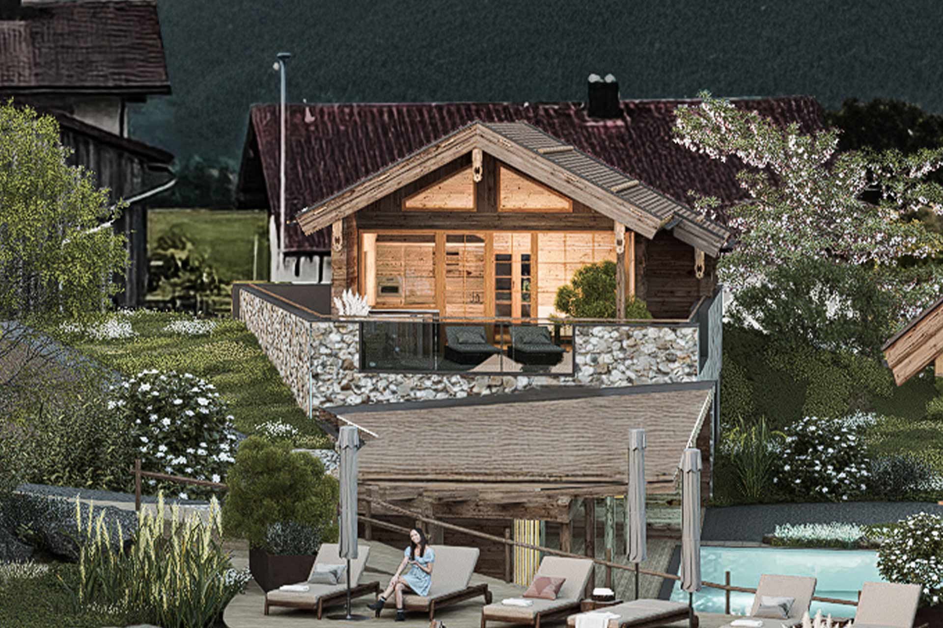 A cozy wooden chalet, surrounded by lush greenery, features a stone patio overlooking a swimming pool. A woman relaxes on lounge chairs, enjoying the tranquil outdoor setting. The warm glow from the cabin’s windows suggests a welcoming atmosphere.