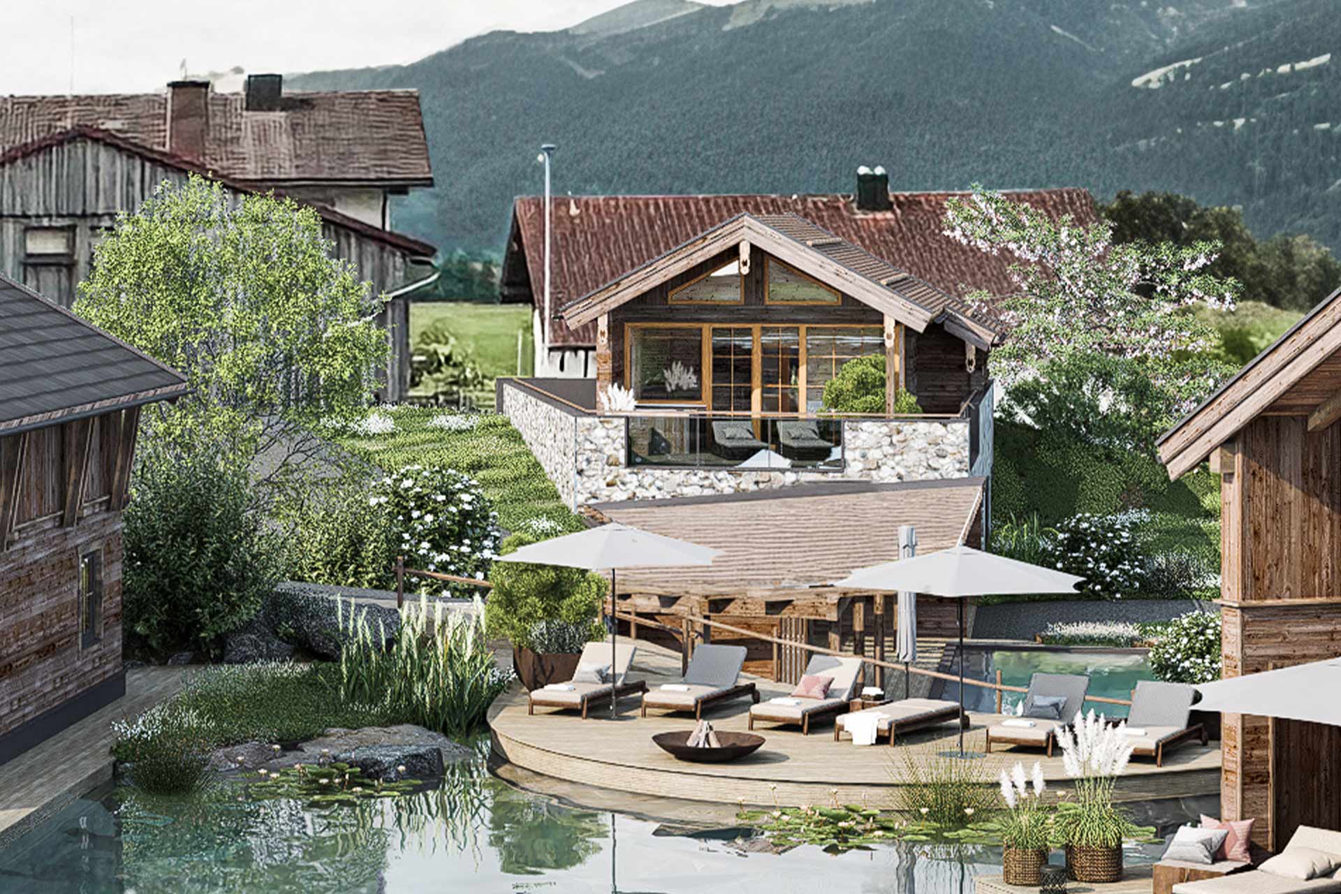 A serene landscape featuring modern wooden chalets surrounded by lush greenery and blooming flowers. In the foreground, a circular wooden deck with lounge chairs and umbrellas is positioned beside a tranquil pool reflecting the scenery and mountains in the background.