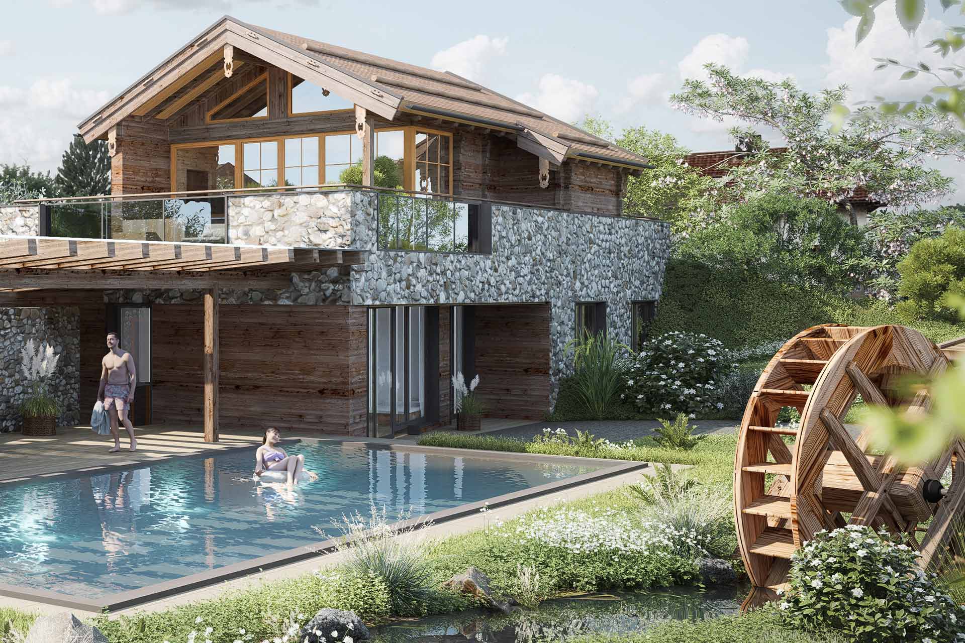 Ein modernes, zweistöckiges Holzhaus mit Steinfassade steht am Rande eines Schwimmteichs. Vor dem Haus sind zwei Personen, eine sitzt im Wasser, während die andere am Rand steht. Umgeben von üppiger Vegetation und einem Wasserrad im Hintergrund.