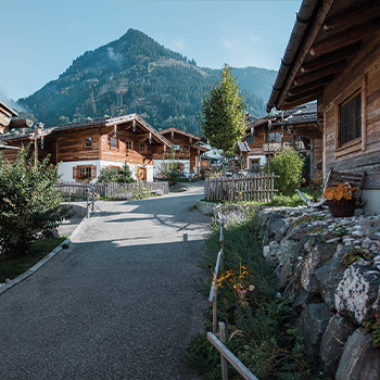 Ein malerisches Bergdorf mit traditionellen Holzhäusern, umgeben von Bäumen und Blumen. Der asphaltierte Weg schlängelt sich durch die Siedlung, während im Hintergrund ein majestätischer Berg emporragt. Das Bild vermittelt eine friedliche und idyllische Atmosphäre.